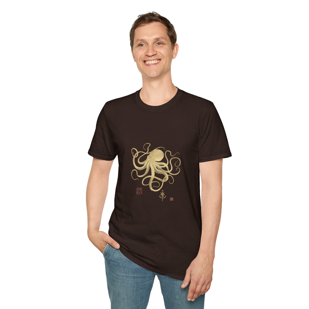 Octopus Gold Illustration T-Shirt — Elegant Nautical Sea Creature Tee