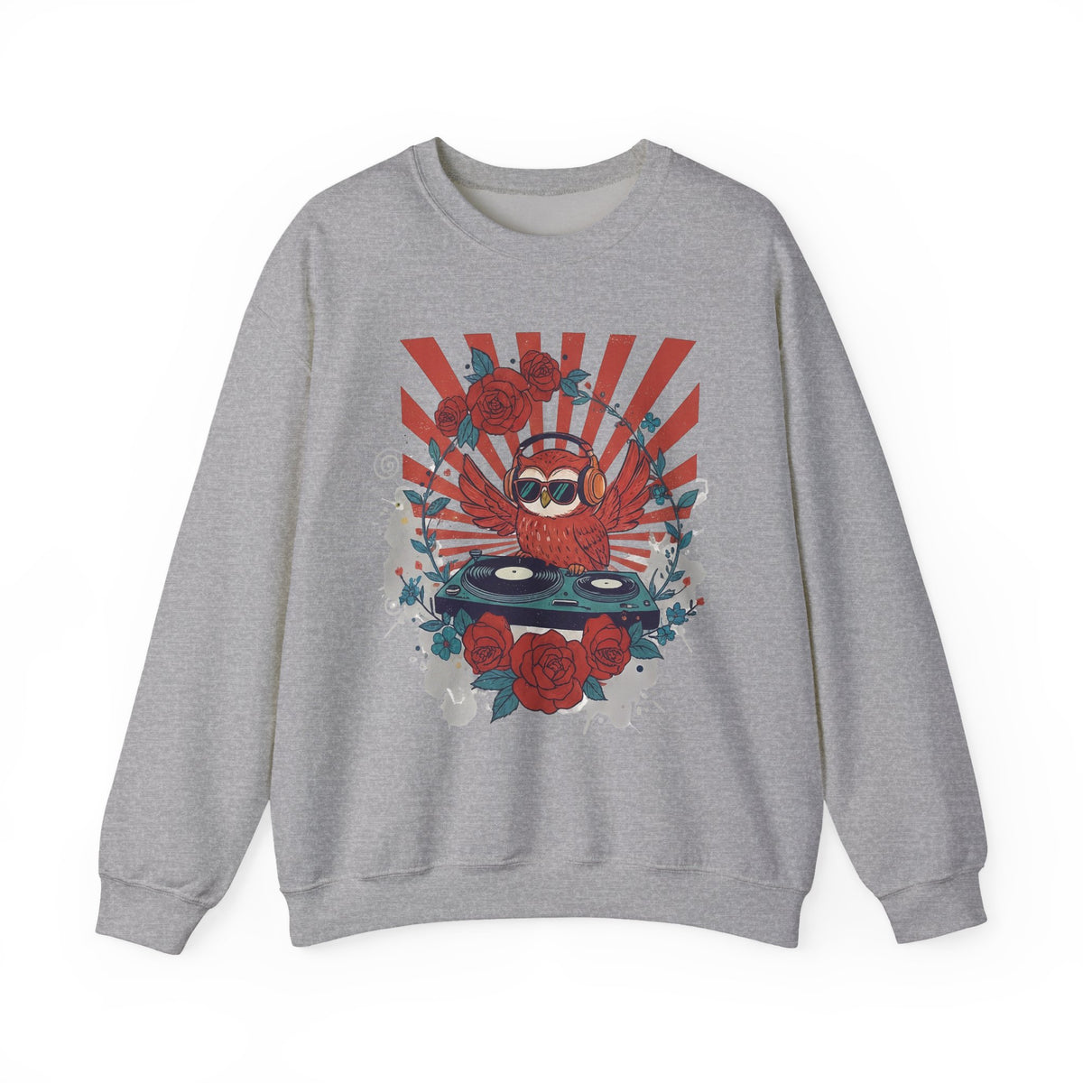 DJ Crab Graphic Sweatshirt — Retro Vinyl, Roses & Sunburst Crewneck