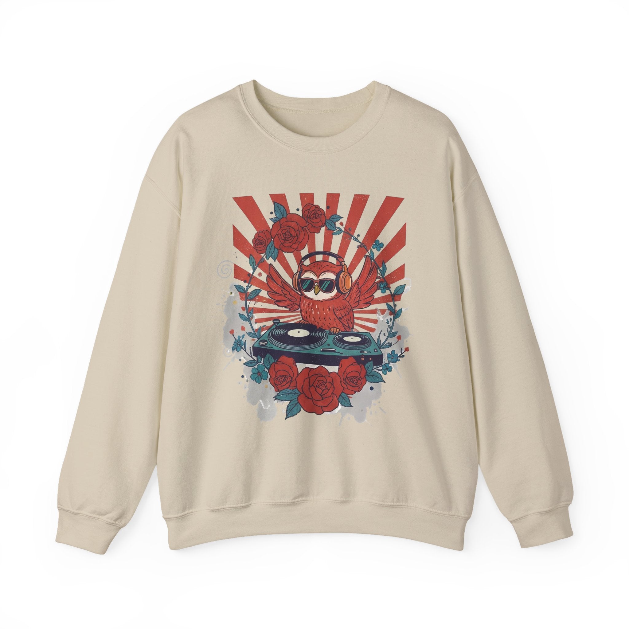 DJ Crab Graphic Sweatshirt — Retro Vinyl, Roses & Sunburst Crewneck