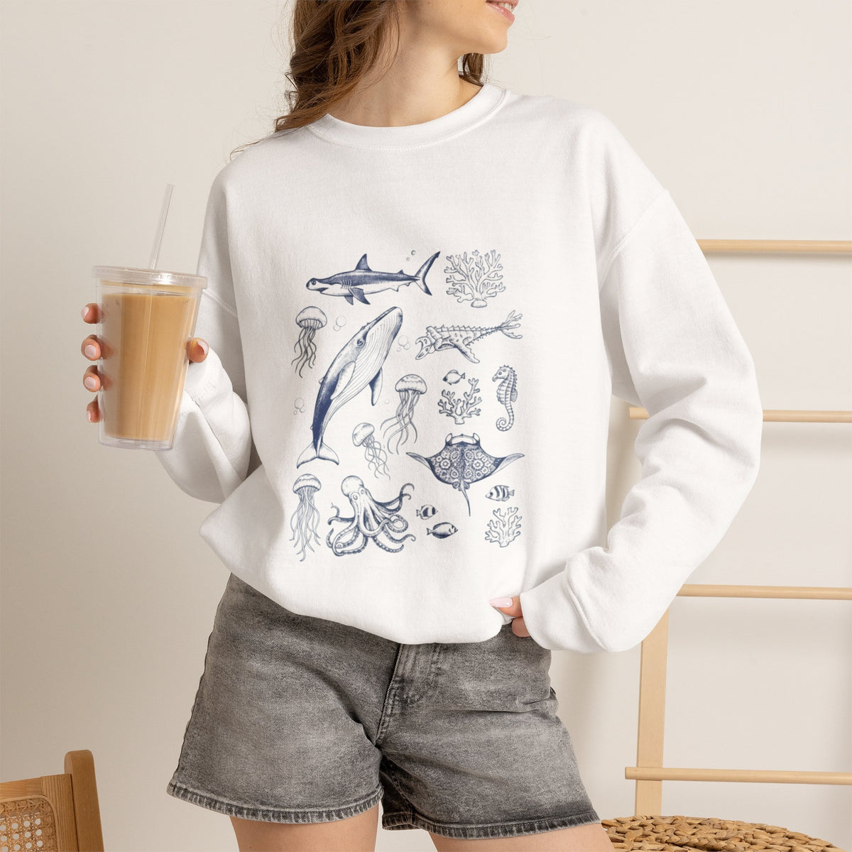 Marine Life Sketch Sweatshirt — Ocean Creatures Crewneck