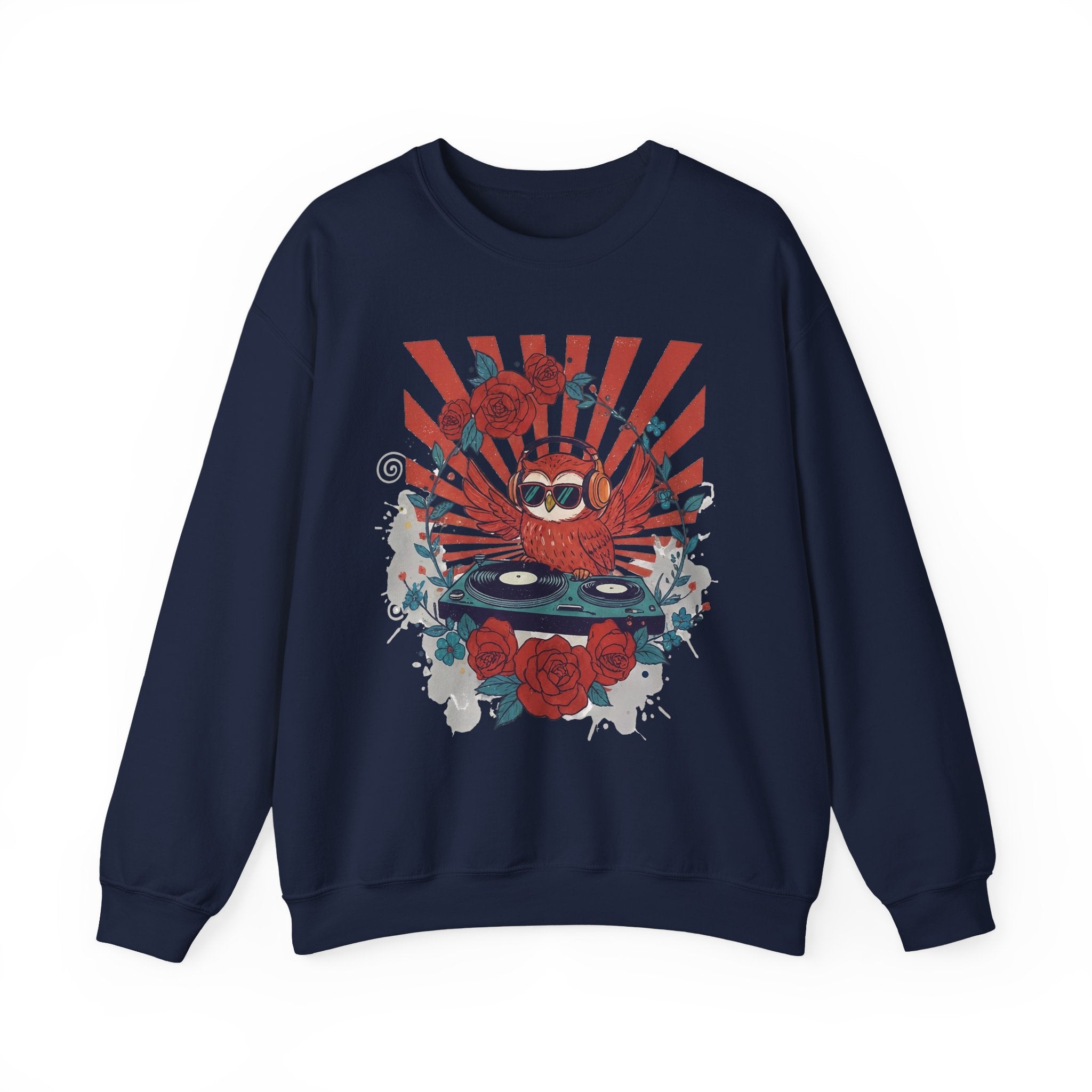 DJ Crab Graphic Sweatshirt — Retro Vinyl, Roses & Sunburst Crewneck