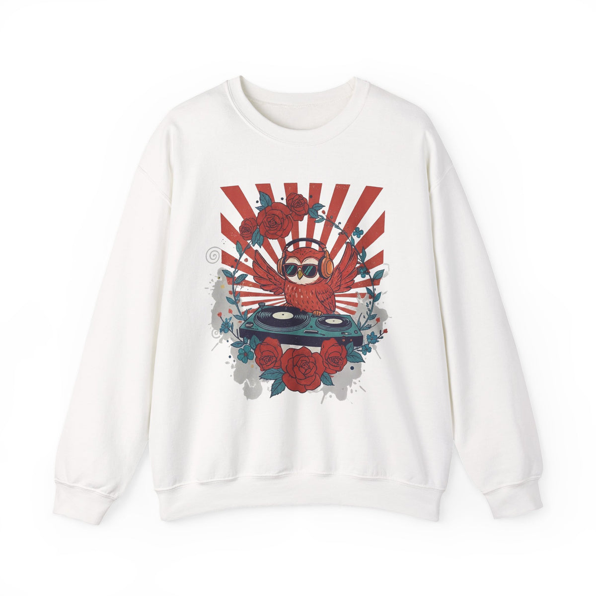 DJ Crab Graphic Sweatshirt — Retro Vinyl, Roses & Sunburst Crewneck
