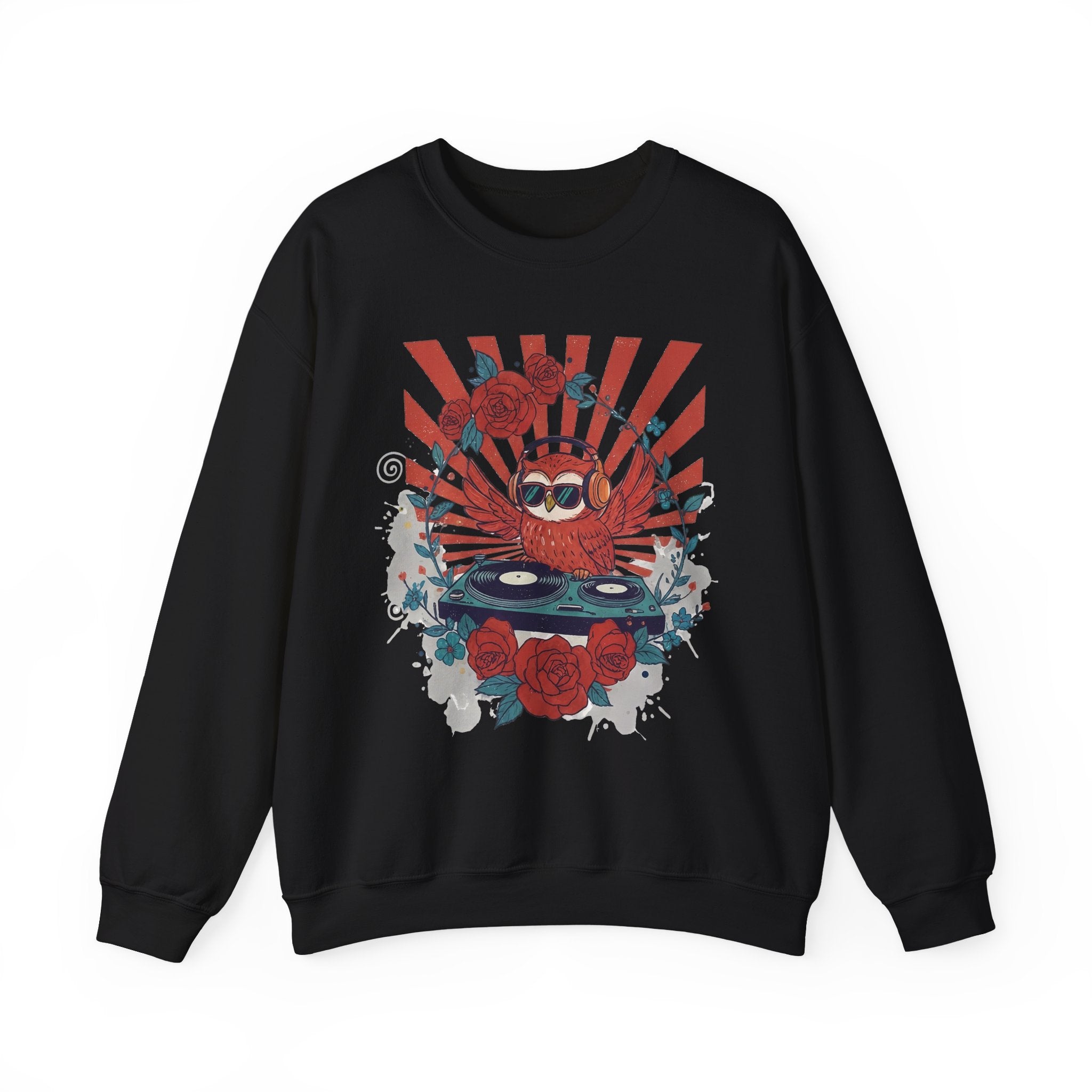 DJ Crab Graphic Sweatshirt — Retro Vinyl, Roses & Sunburst Crewneck