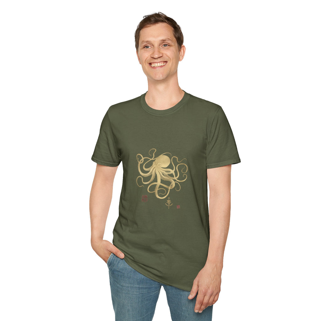 Octopus Gold Illustration T-Shirt — Elegant Nautical Sea Creature Tee