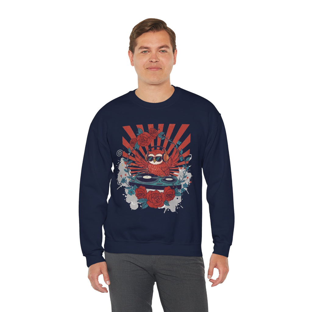 DJ Crab Graphic Sweatshirt — Retro Vinyl, Roses & Sunburst Crewneck