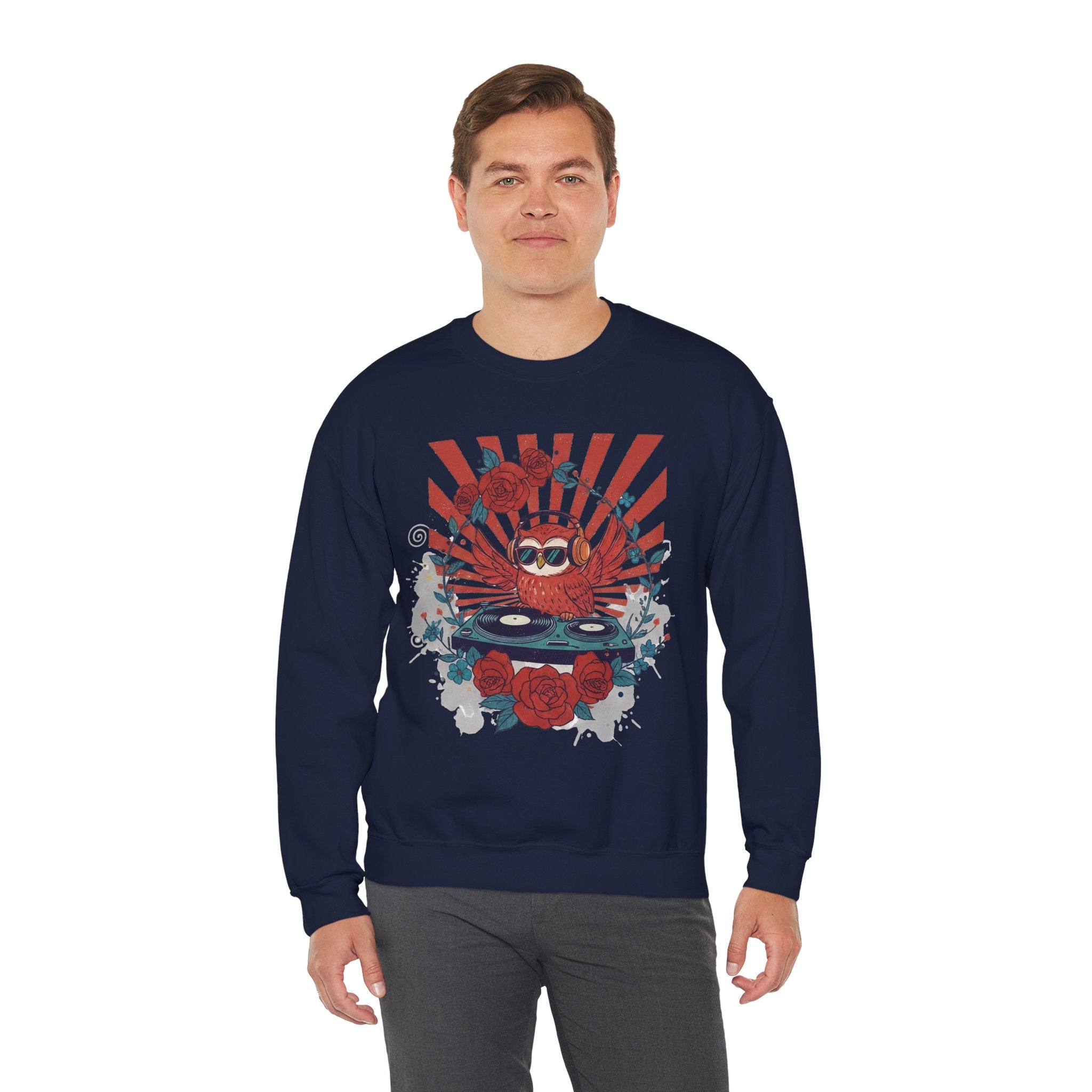 DJ Crab Graphic Sweatshirt — Retro Vinyl, Roses & Sunburst Crewneck