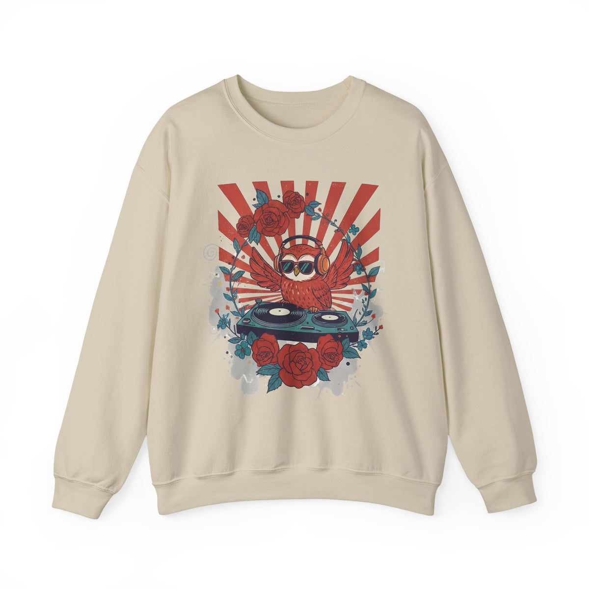 DJ Crab Graphic Sweatshirt — Retro Vinyl, Roses & Sunburst Crewneck