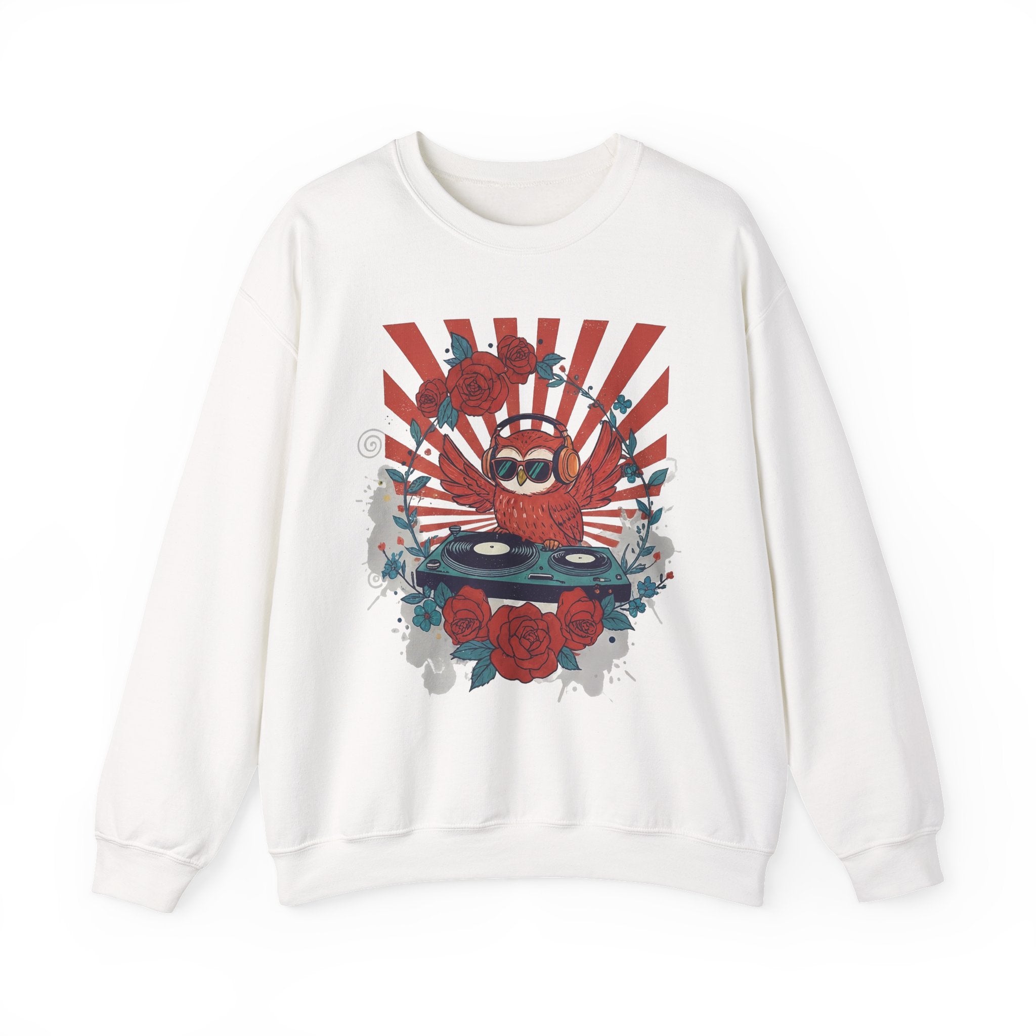 DJ Crab Graphic Sweatshirt — Retro Vinyl, Roses & Sunburst Crewneck