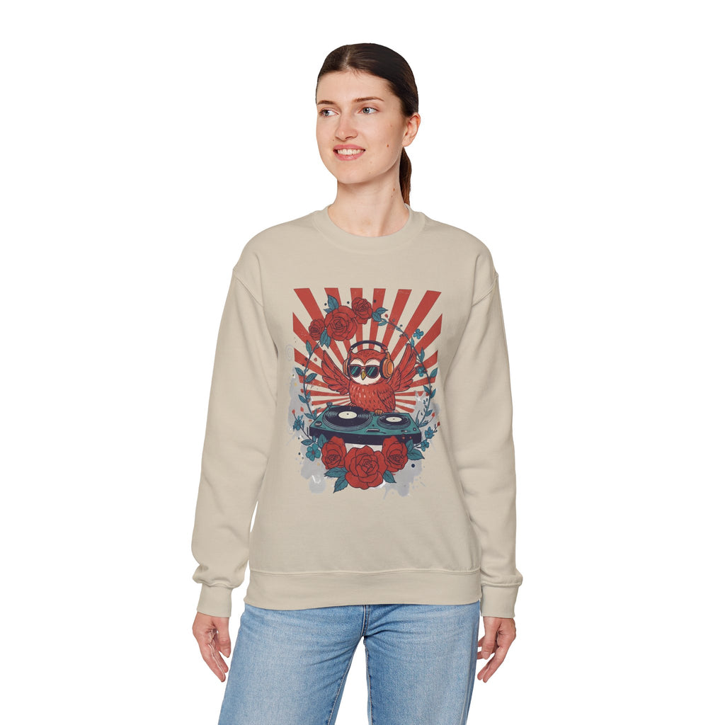 DJ Crab Graphic Sweatshirt — Retro Vinyl, Roses & Sunburst Crewneck