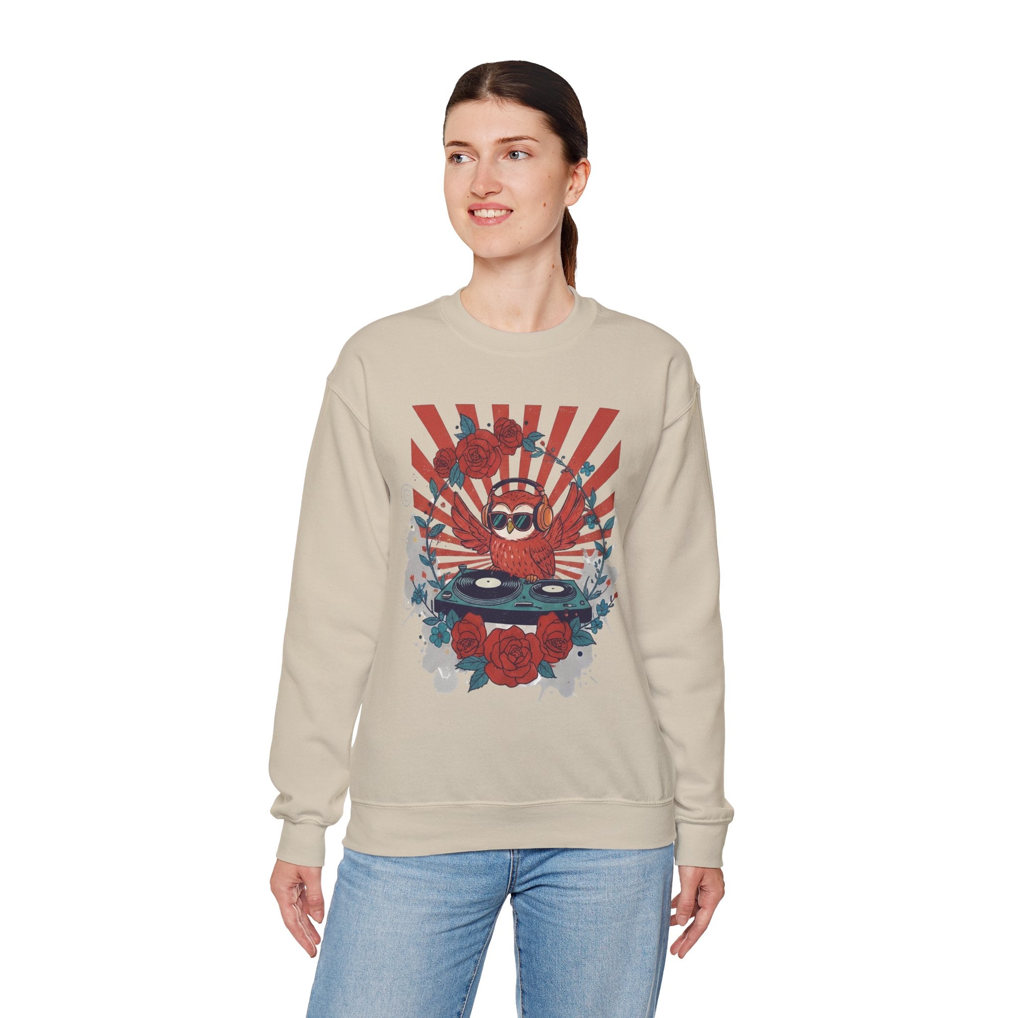 DJ Crab Graphic Sweatshirt — Retro Vinyl, Roses & Sunburst Crewneck