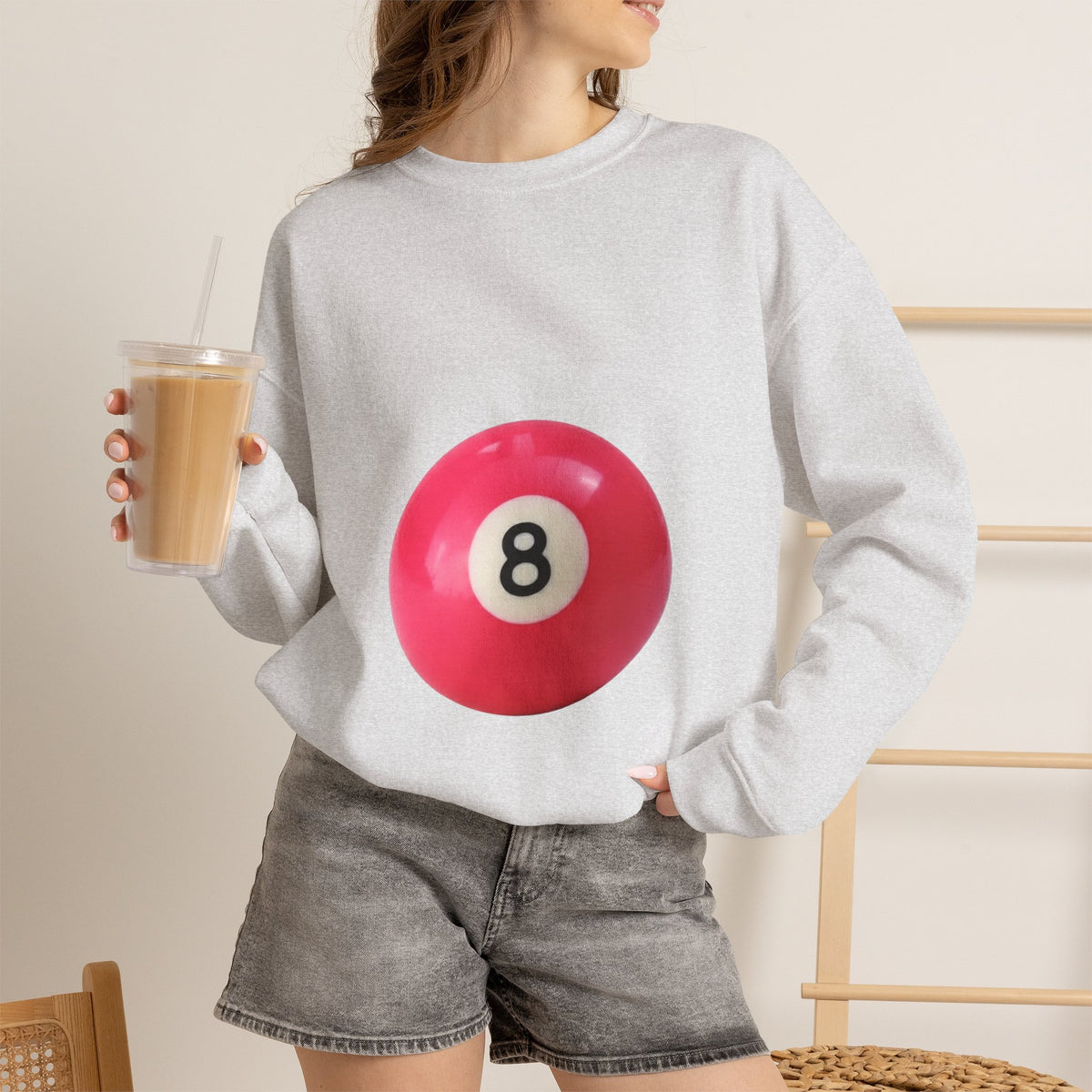 Eight Ball Crewneck Sweatshirt — Retro Pink Pool Ball Graphic