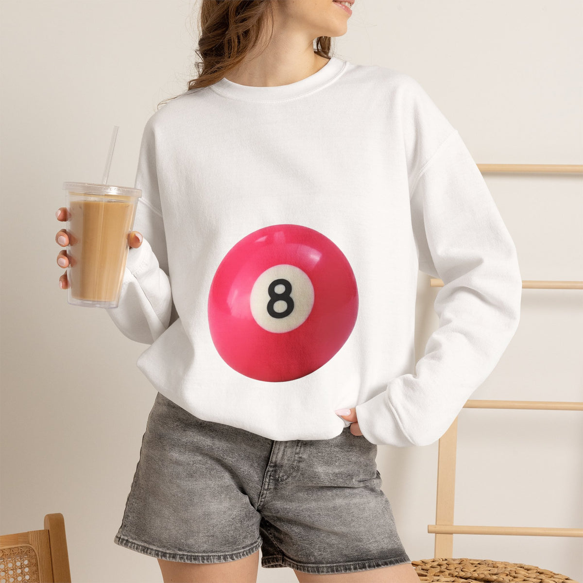 Eight Ball Crewneck Sweatshirt — Retro Pink Pool Ball Graphic
