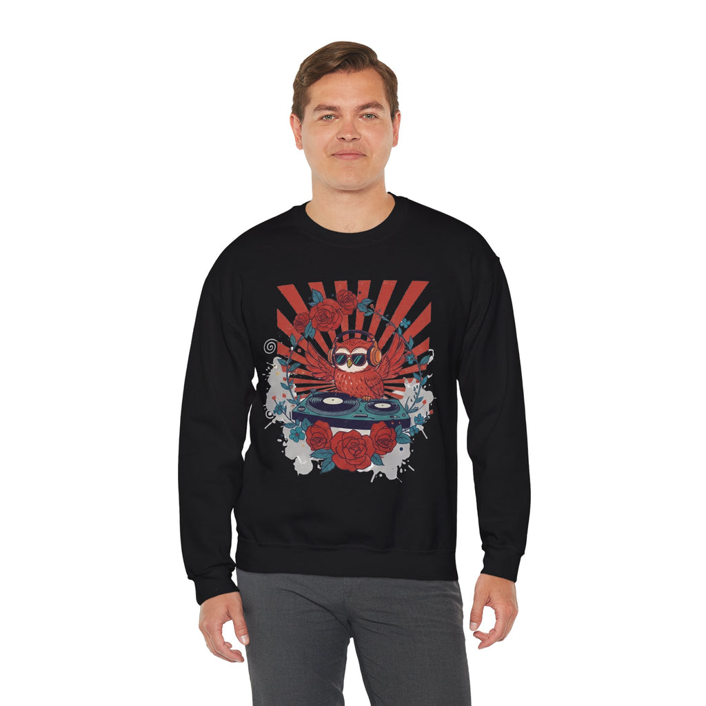 DJ Crab Graphic Sweatshirt — Retro Vinyl, Roses & Sunburst Crewneck