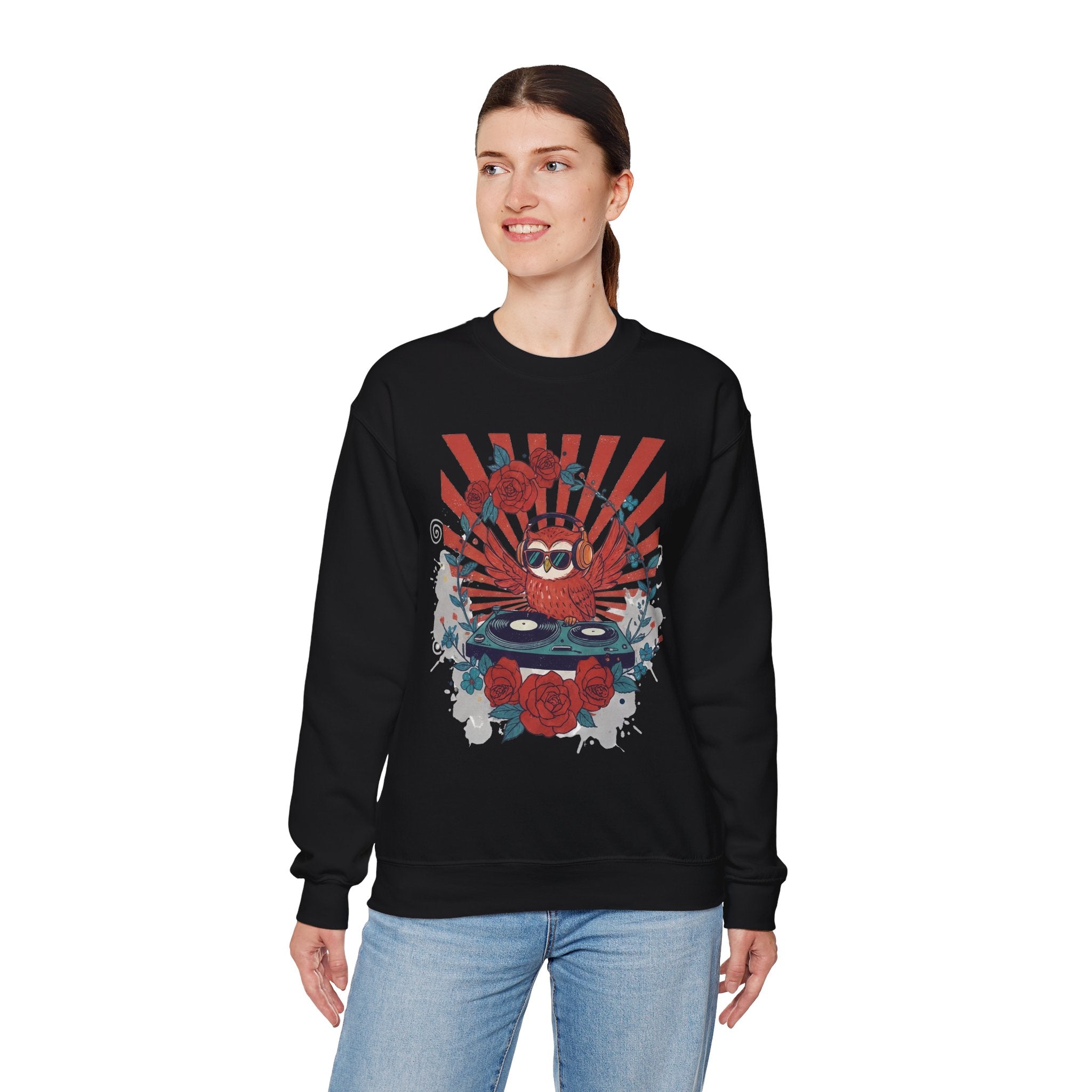 DJ Crab Graphic Sweatshirt — Retro Vinyl, Roses & Sunburst Crewneck