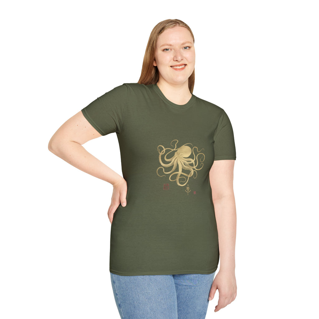 Octopus Gold Illustration T-Shirt — Elegant Nautical Sea Creature Tee