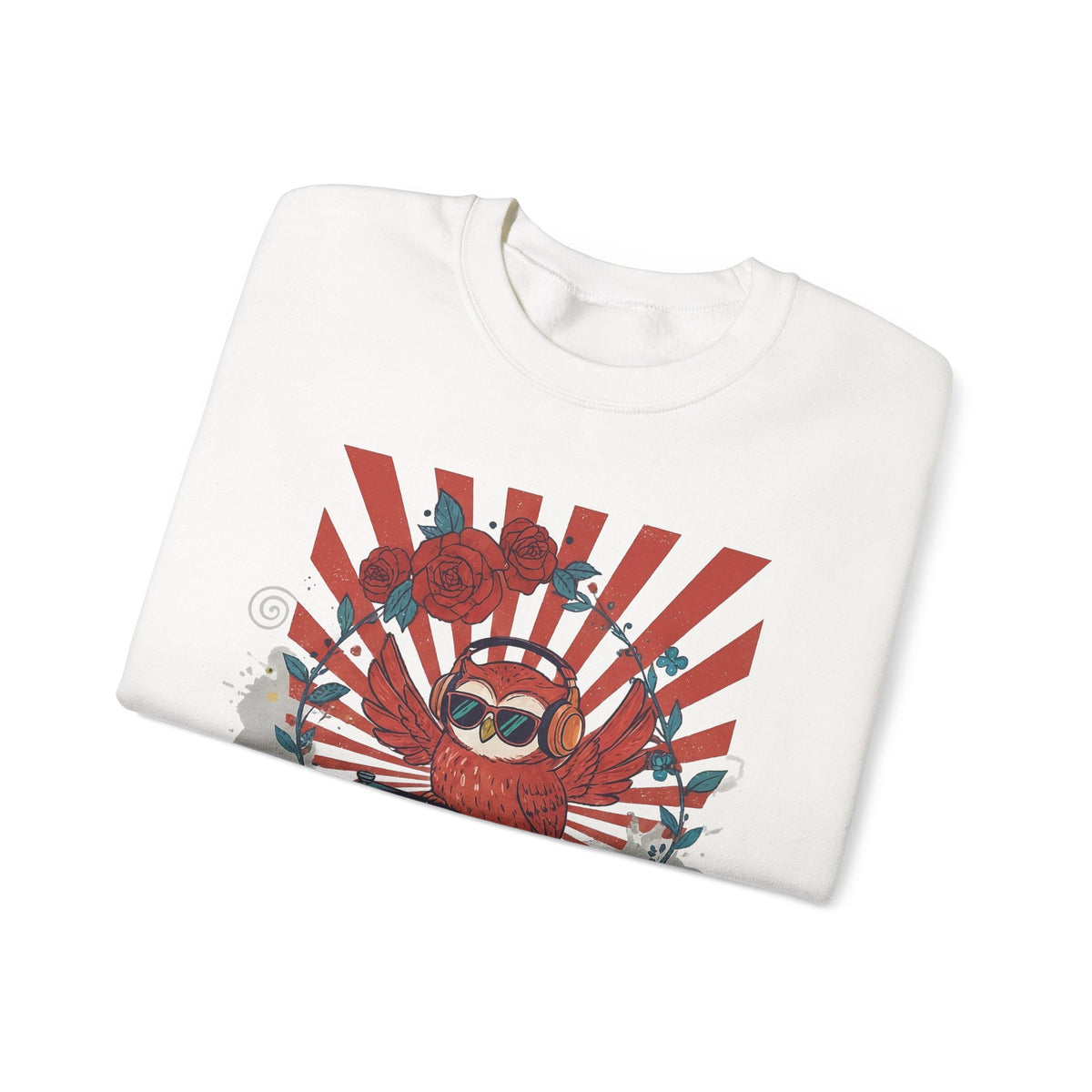 DJ Crab Graphic Sweatshirt — Retro Vinyl, Roses & Sunburst Crewneck
