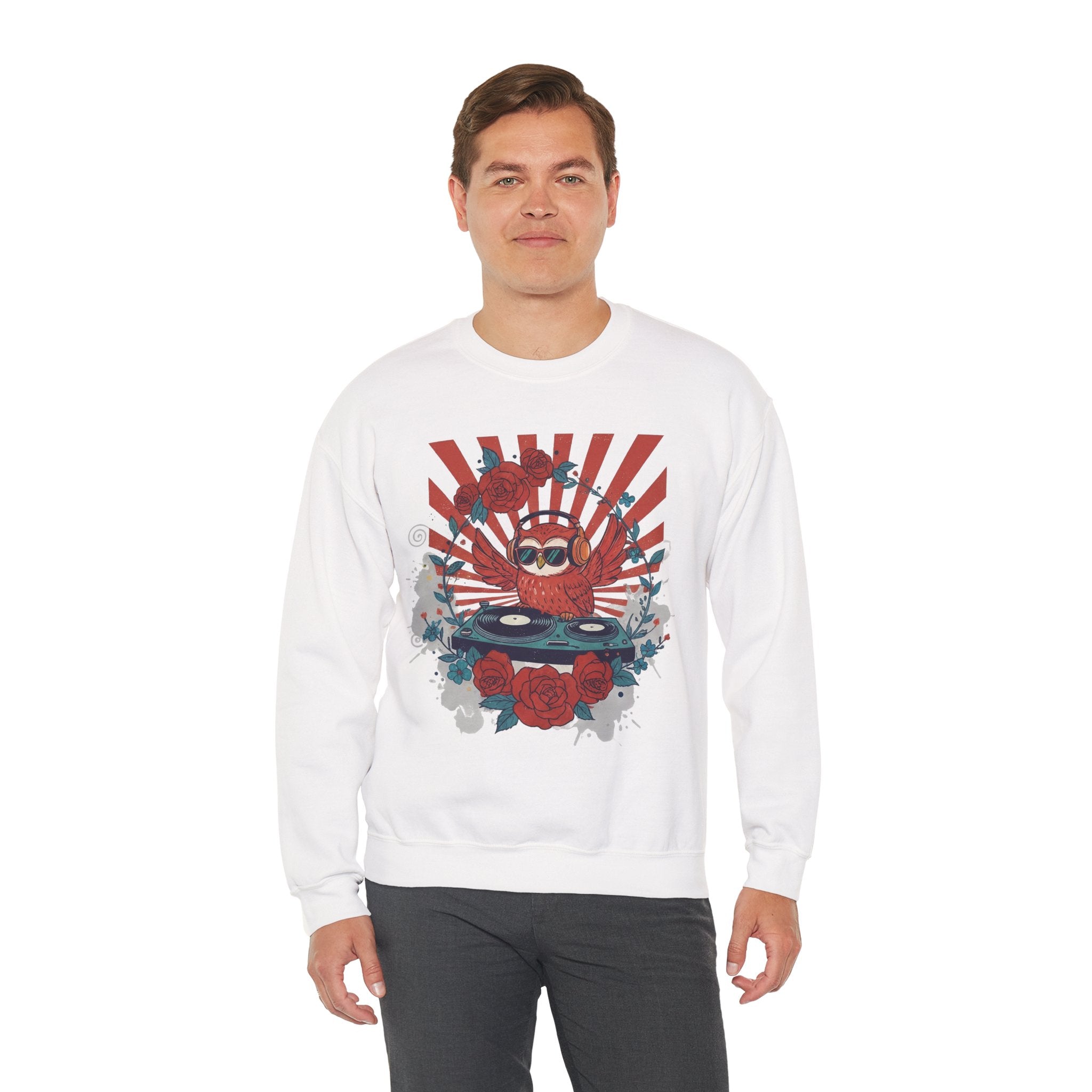 DJ Crab Graphic Sweatshirt — Retro Vinyl, Roses & Sunburst Crewneck