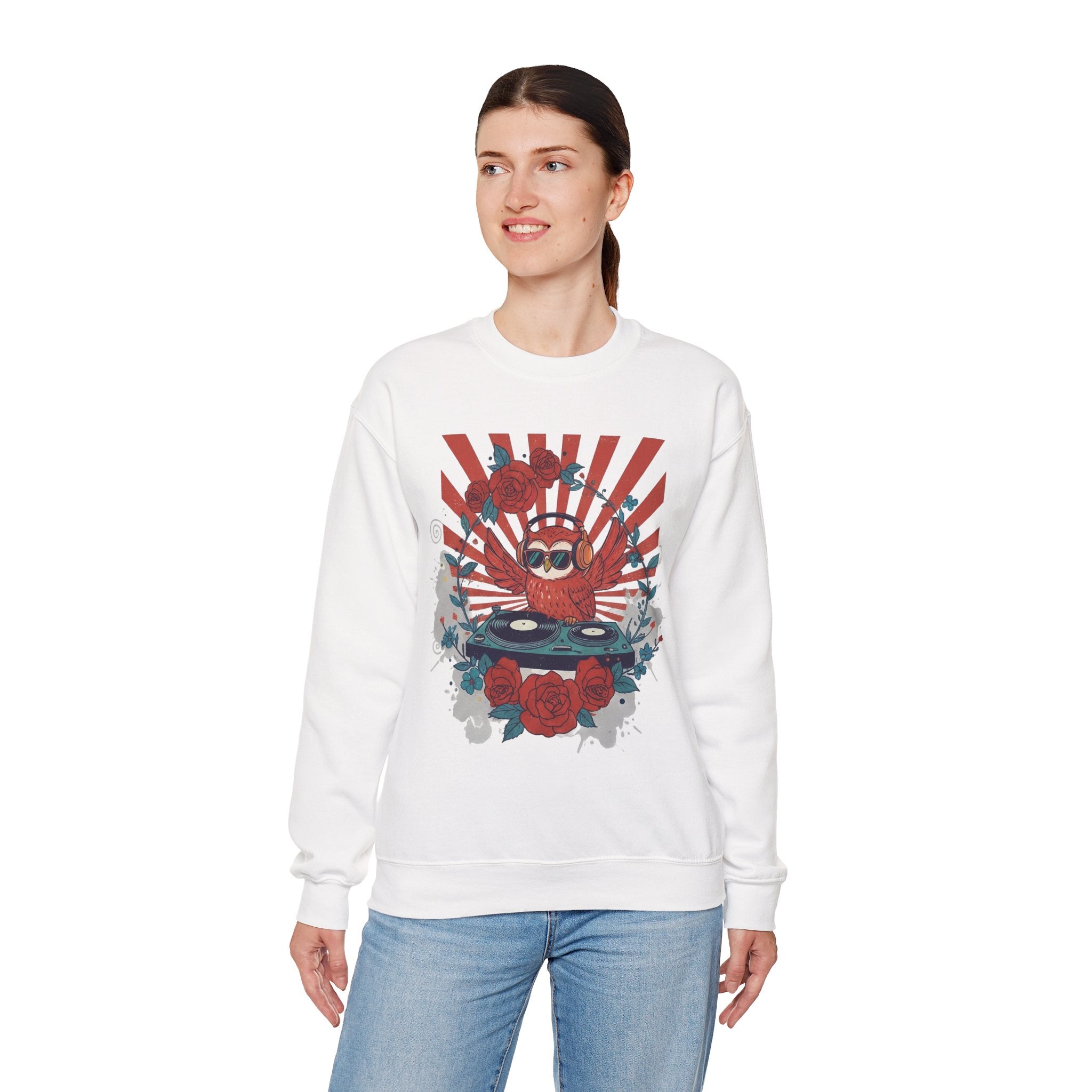 DJ Crab Graphic Sweatshirt — Retro Vinyl, Roses & Sunburst Crewneck