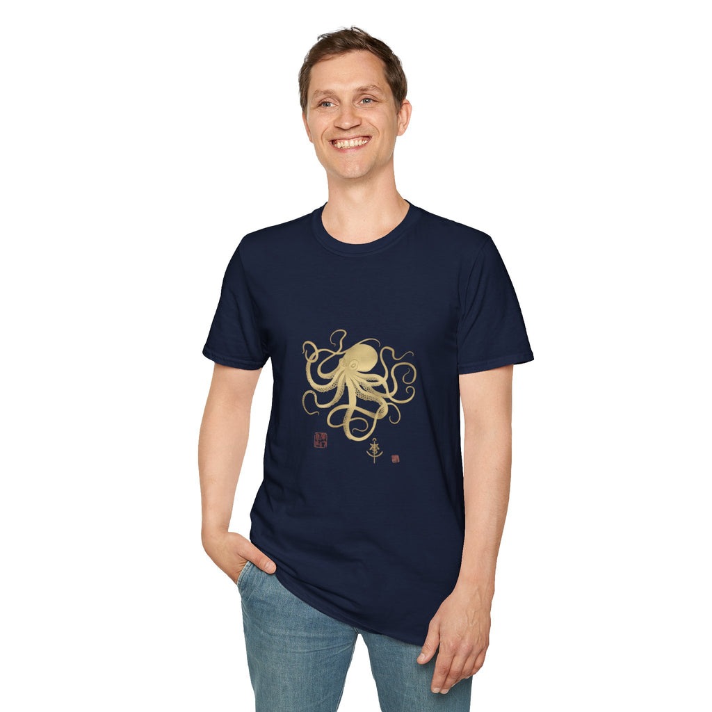 Octopus Gold Illustration T-Shirt — Elegant Nautical Sea Creature Tee