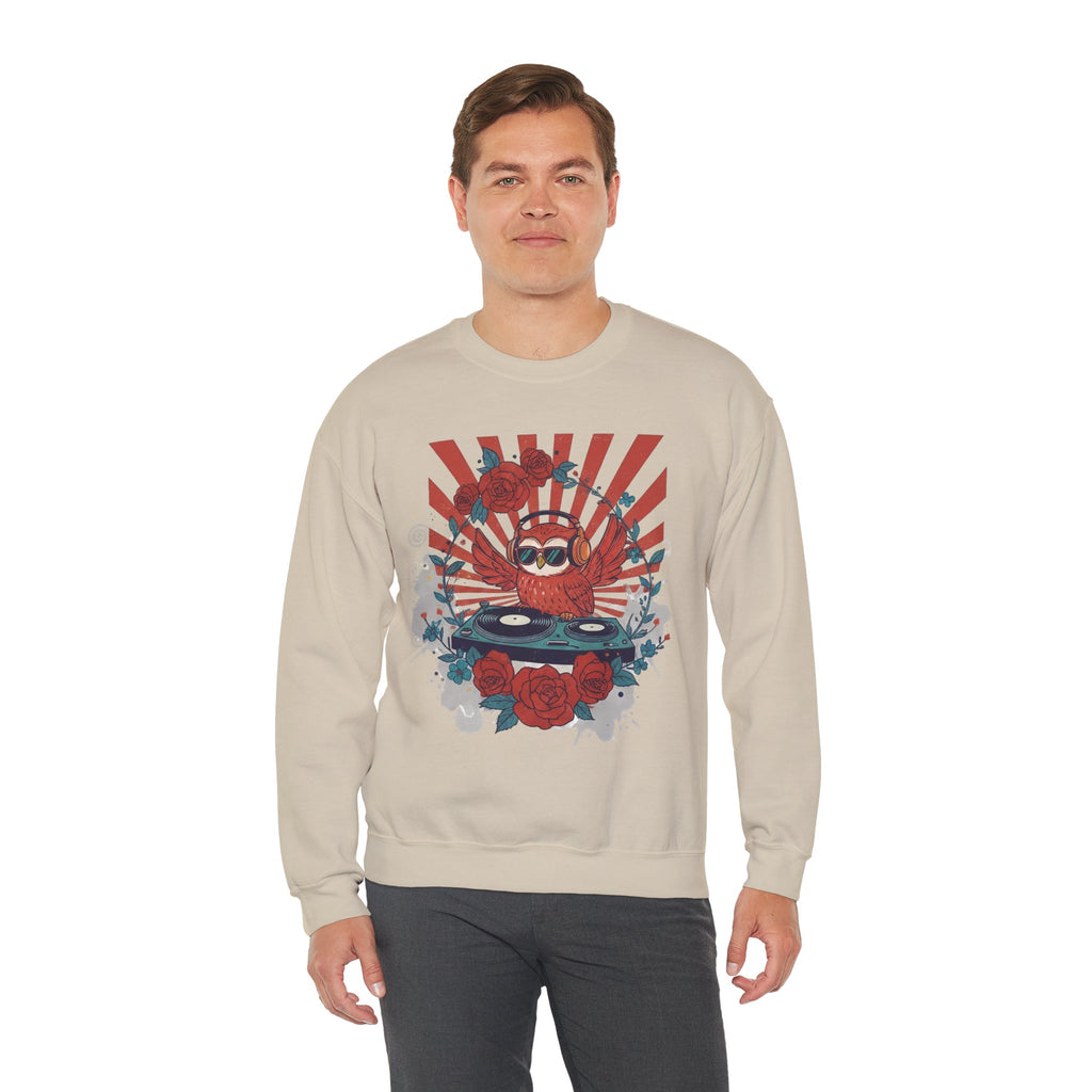 DJ Crab Graphic Sweatshirt — Retro Vinyl, Roses & Sunburst Crewneck
