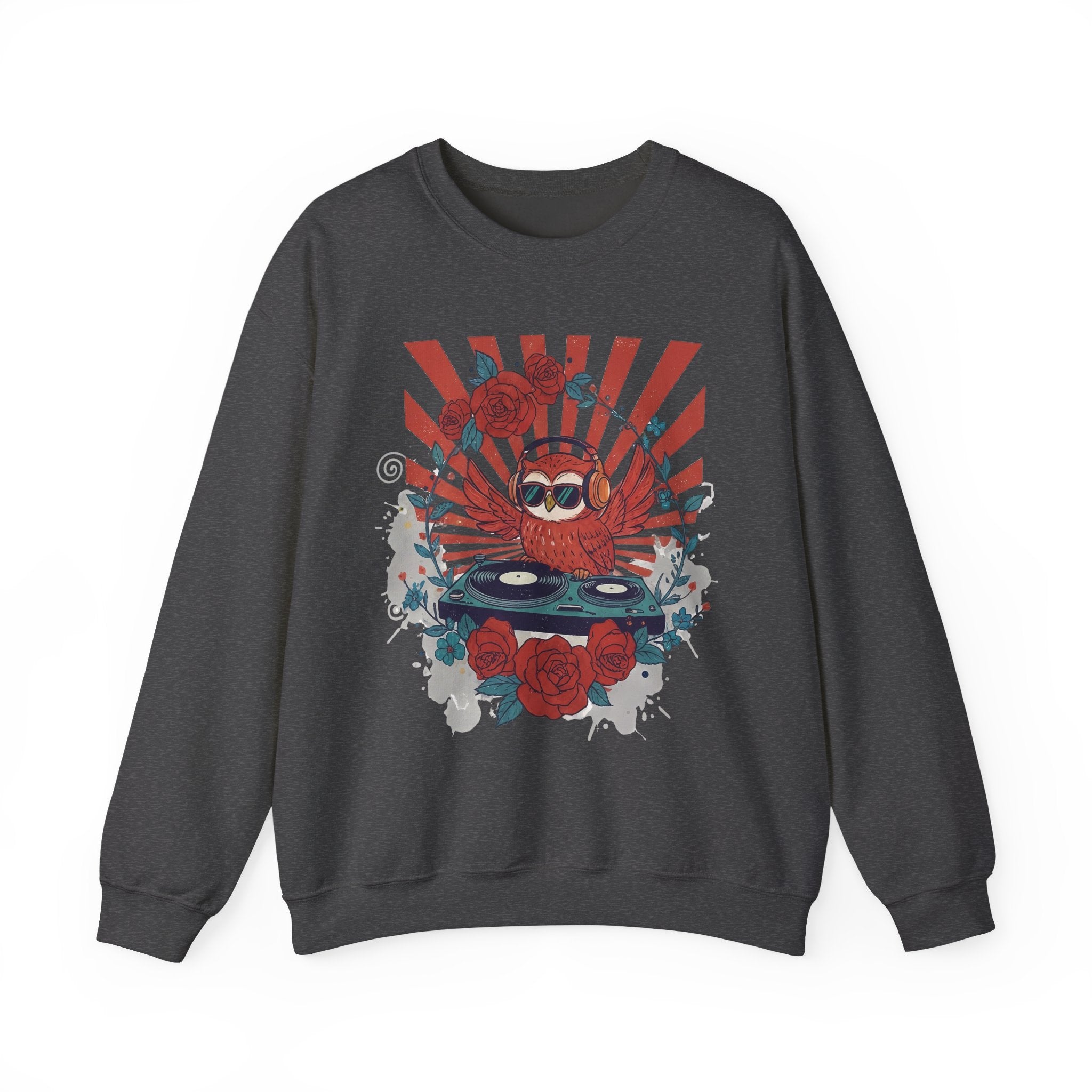 DJ Crab Graphic Sweatshirt — Retro Vinyl, Roses & Sunburst Crewneck