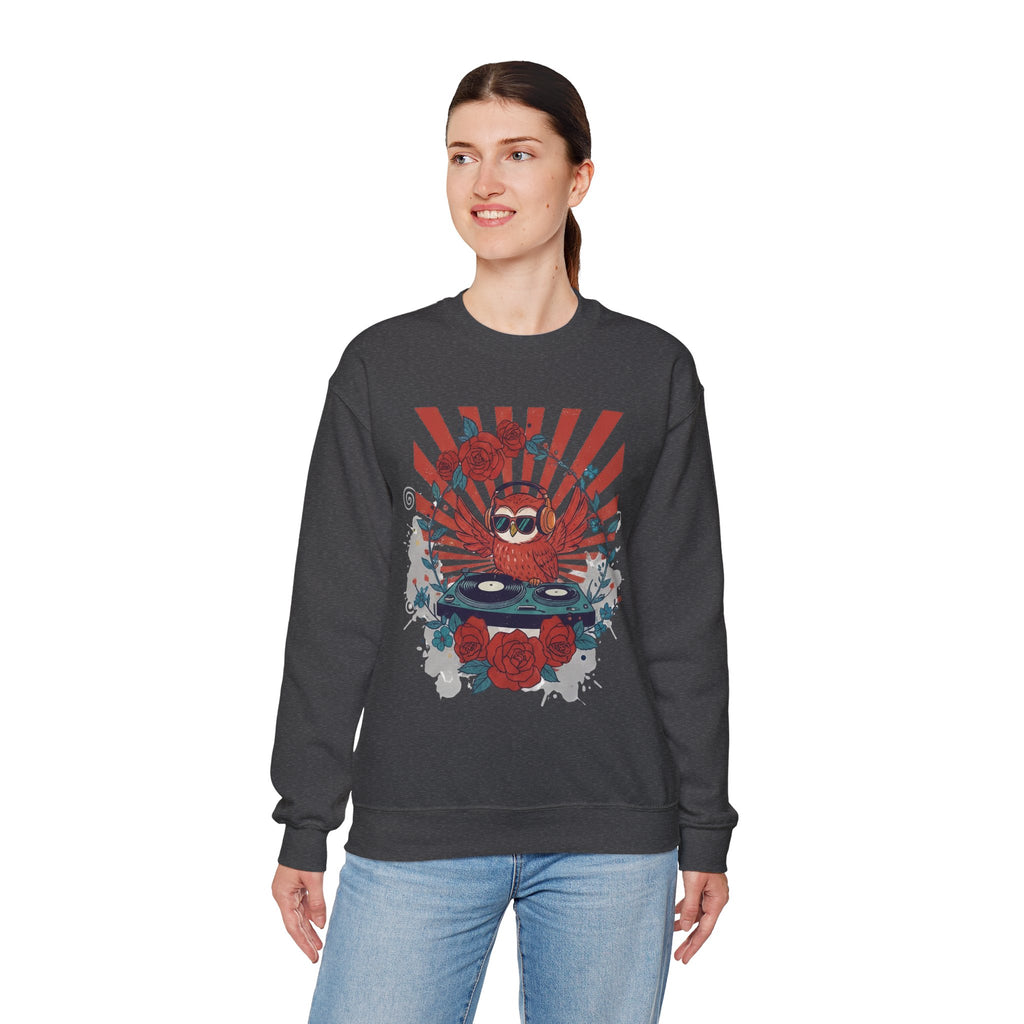 DJ Crab Graphic Sweatshirt — Retro Vinyl, Roses & Sunburst Crewneck