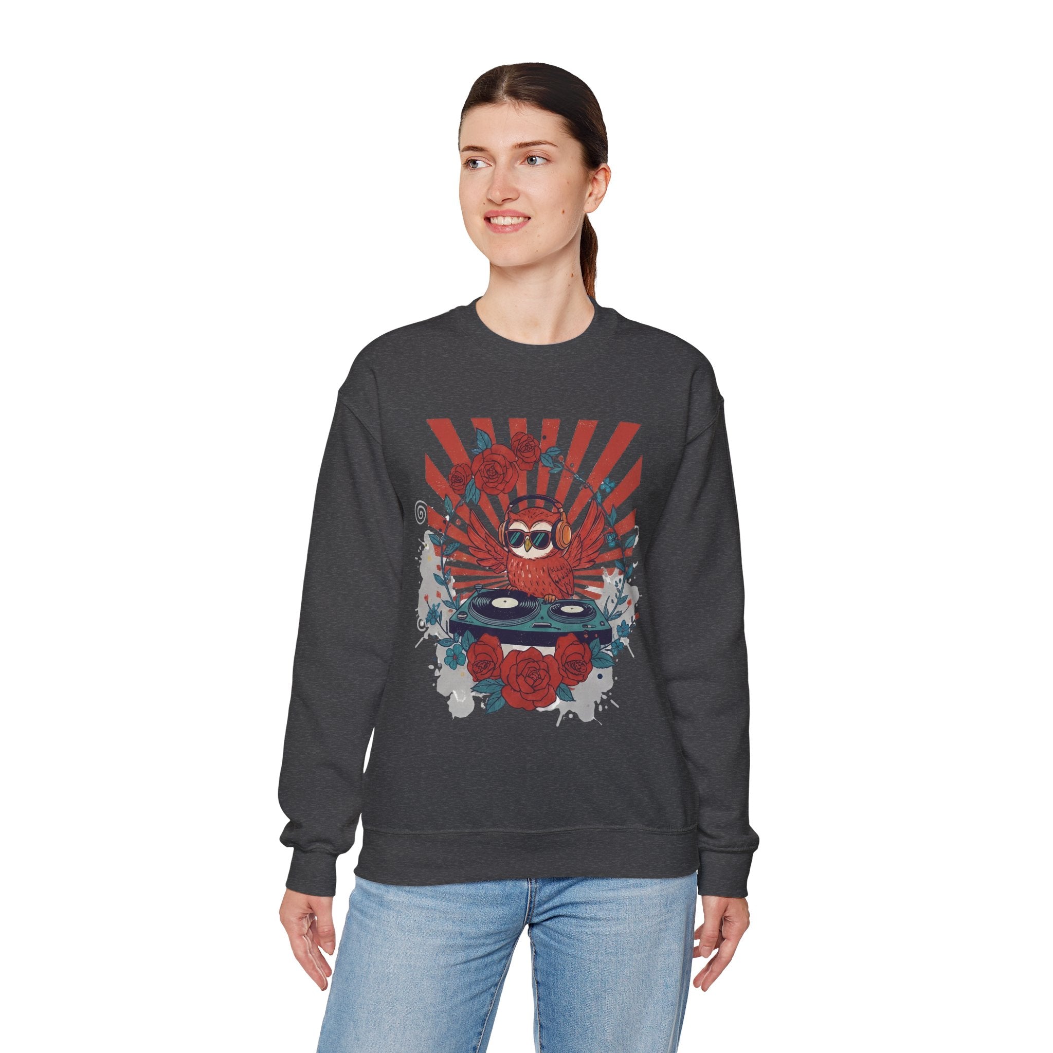 DJ Crab Graphic Sweatshirt — Retro Vinyl, Roses & Sunburst Crewneck