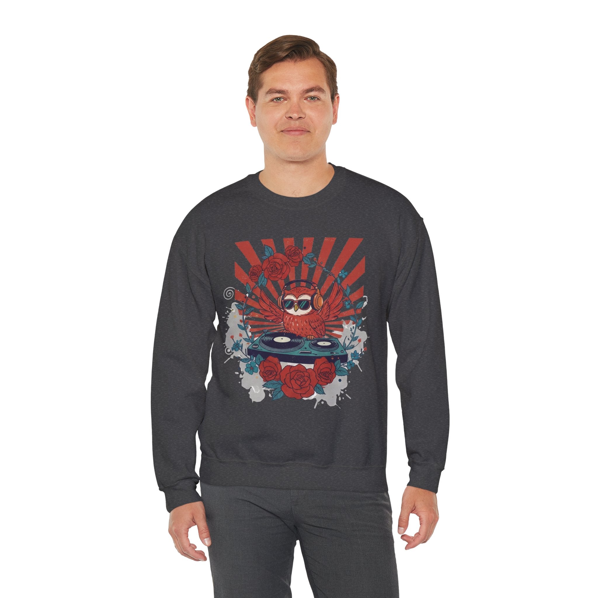 DJ Crab Graphic Sweatshirt — Retro Vinyl, Roses & Sunburst Crewneck